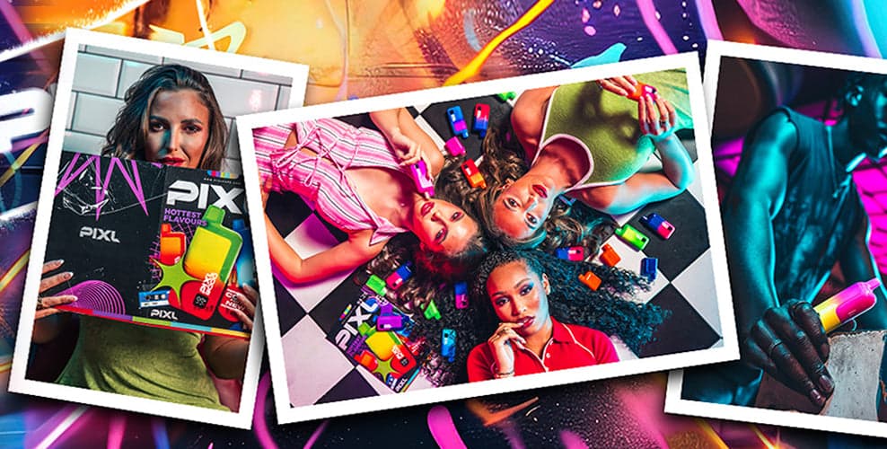 People posing with colourful PIXL vape kits